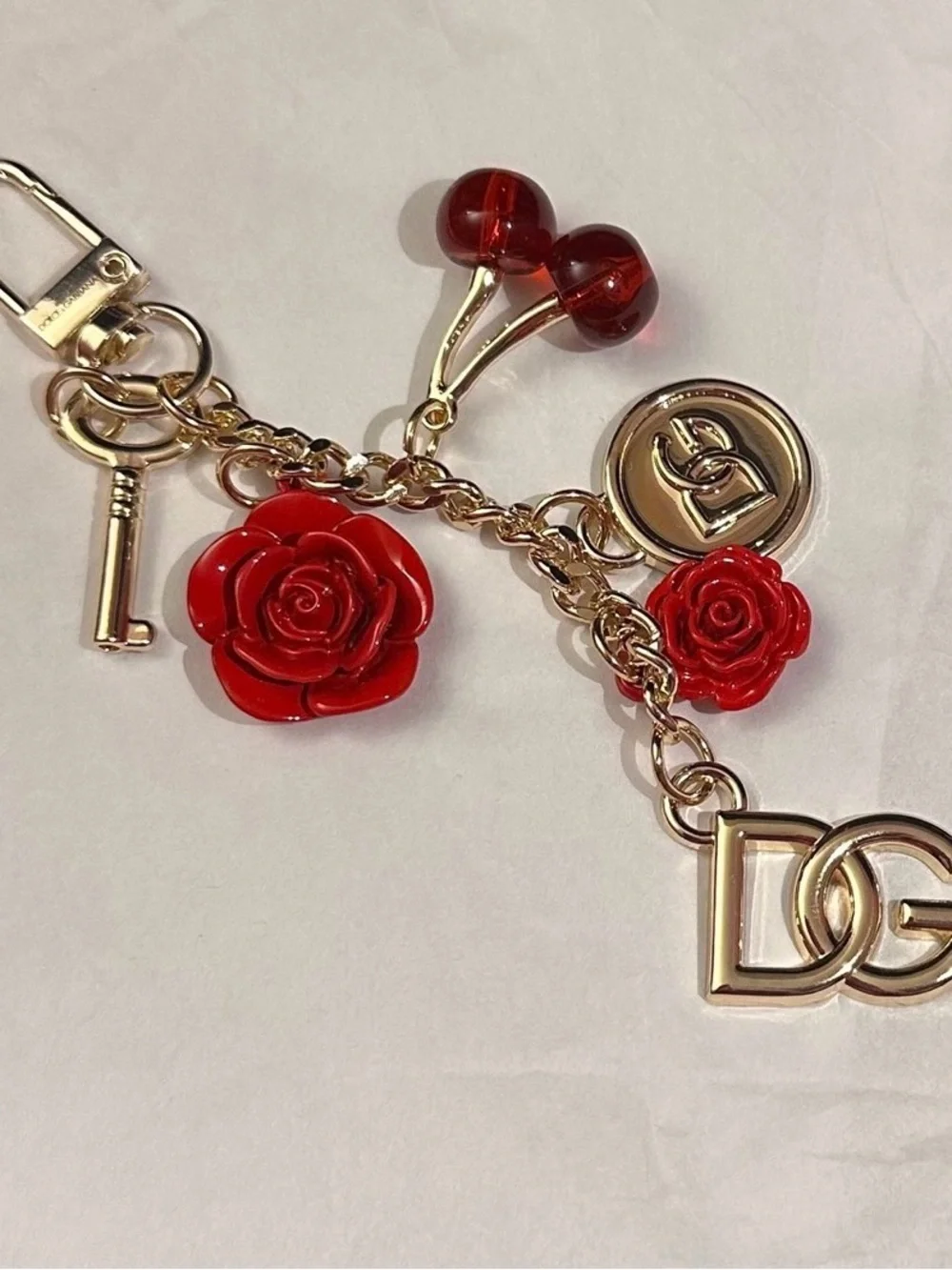 Dolce & Gabbana Gold-Tone Keychain with Red Rose & Cherry Charms